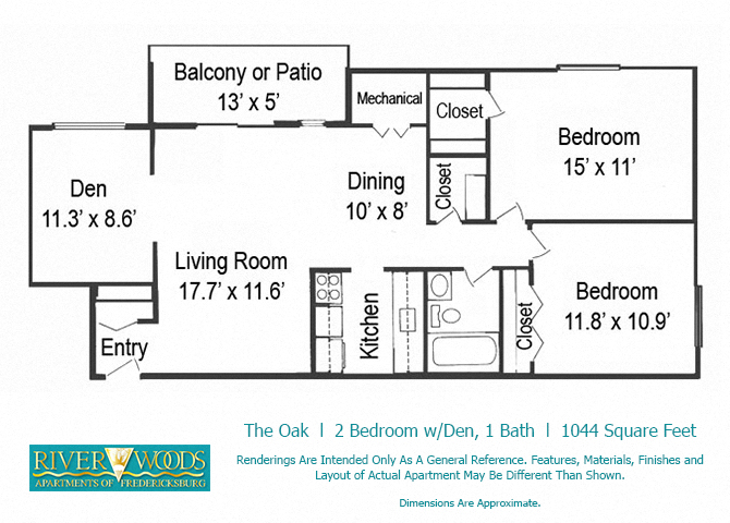 Floor plan for 2 beds, 1 bath, 1044 sqft